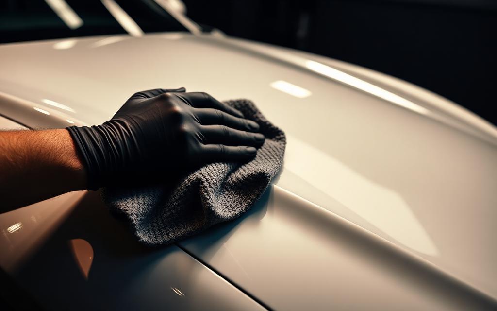A gloved hand hand-detailing a luxury car to a flawless finish